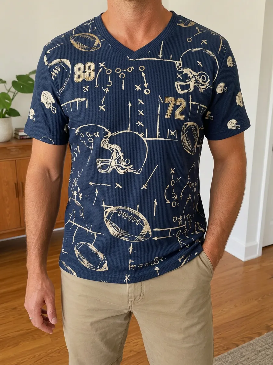 Men's Varsity Football Fan Playbook Helmet Printed Waffle Knit Top
