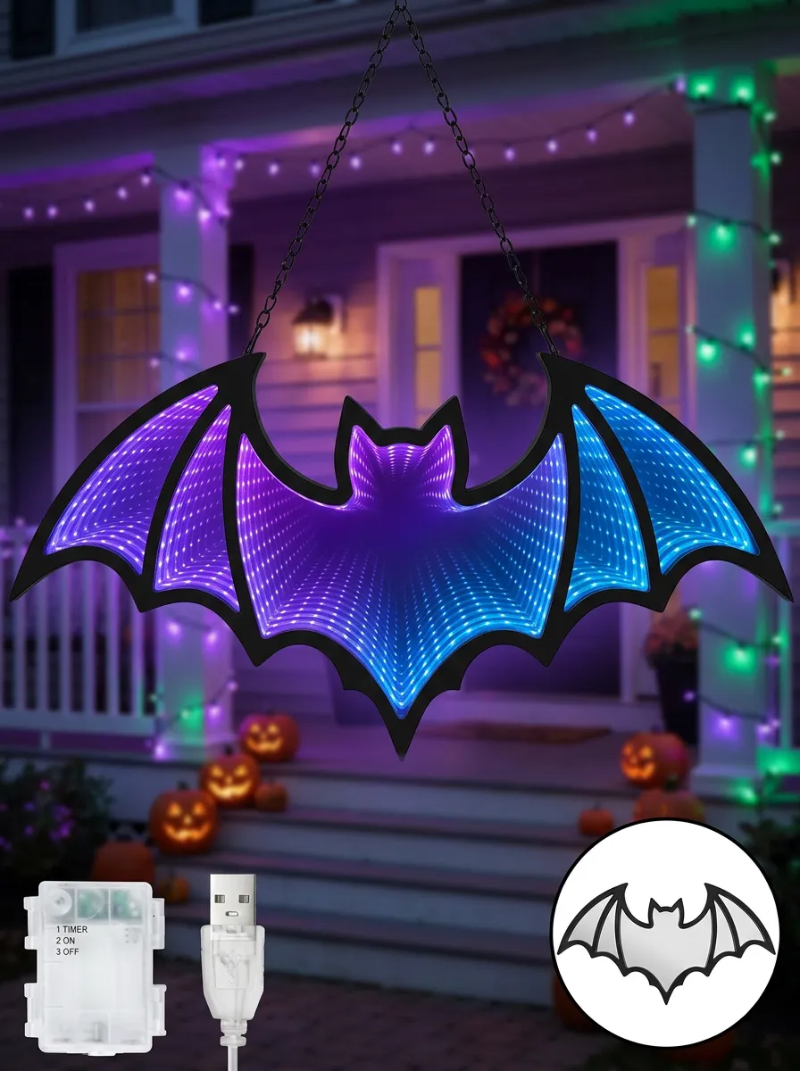 Infinity-Mirror Hanging Halloween Bat Light