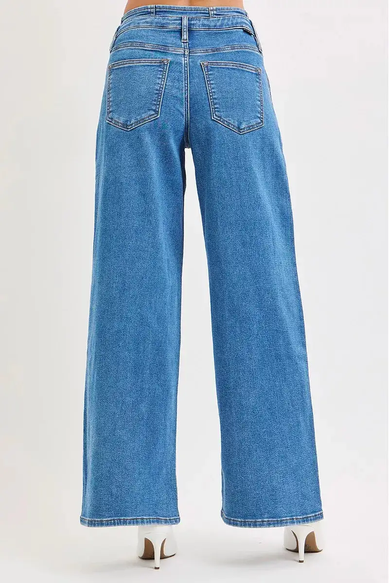 Full Size Mid Rise Fit Wide Leg With Pleated Detail Jeans Plus Size