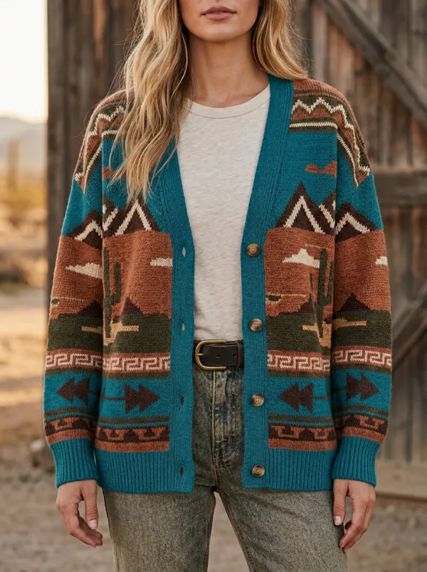 Women's Western Desert Cactus Geometric Pattern Knitted Cardigan