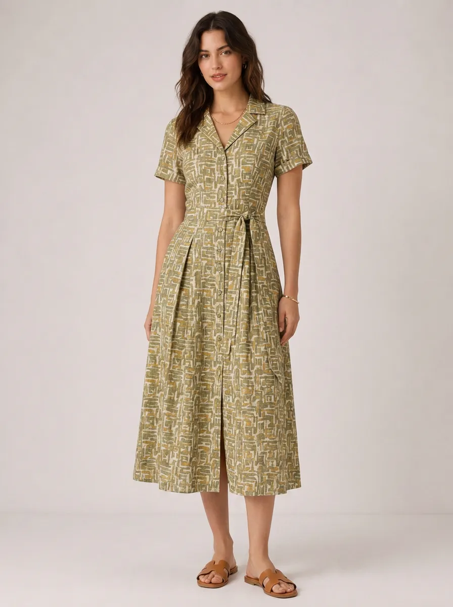 Women's Vintage Style Geometric Pattern Printed Shirt Dress