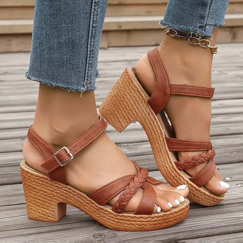 Braided Platform Ankle Strap Heeled Sandals