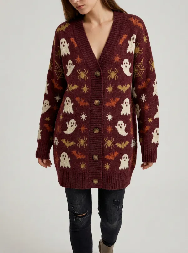 Women's Halloween Ghost Bat Spider Pattern Knitted Cardigan