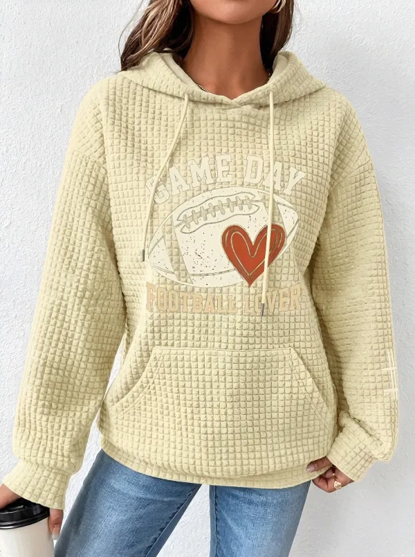 Women's Football Lover Game Day Heart Graphic Printed Waffle Hoodie