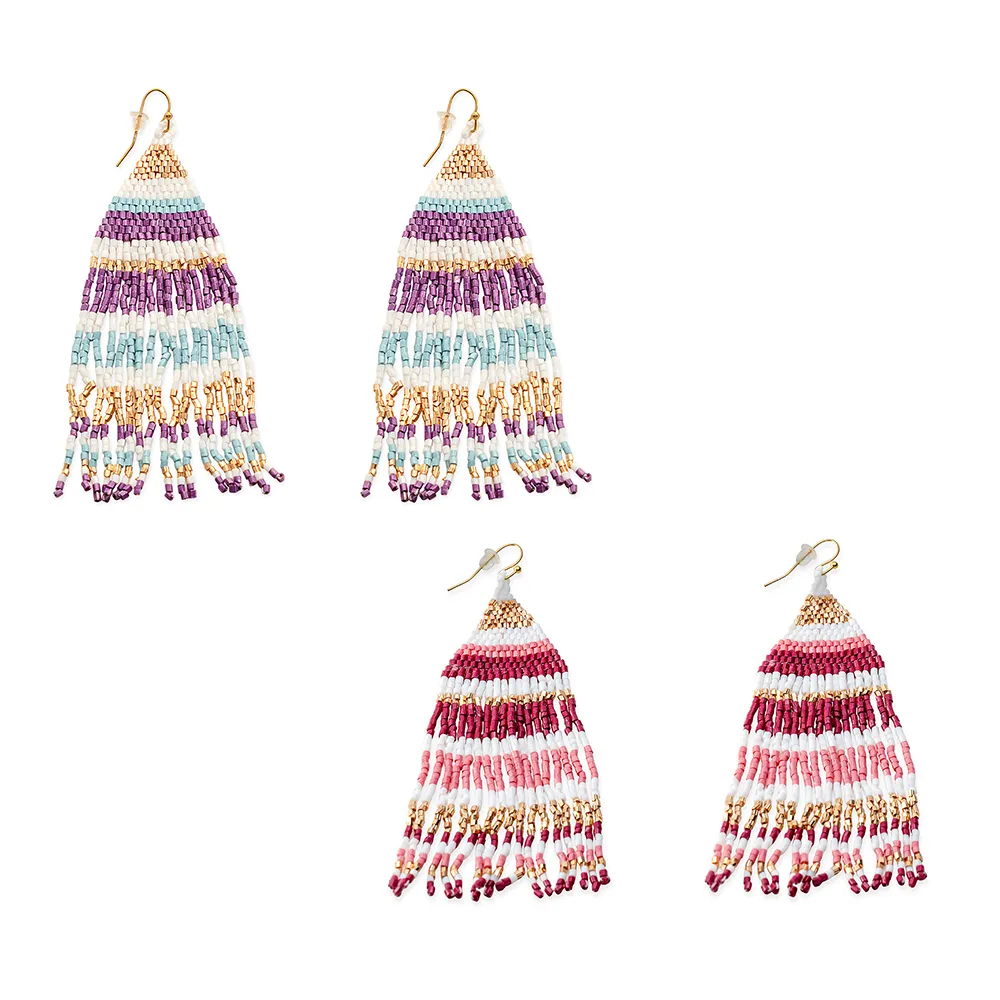 Layered Curved Artful Beaded Earrings Set