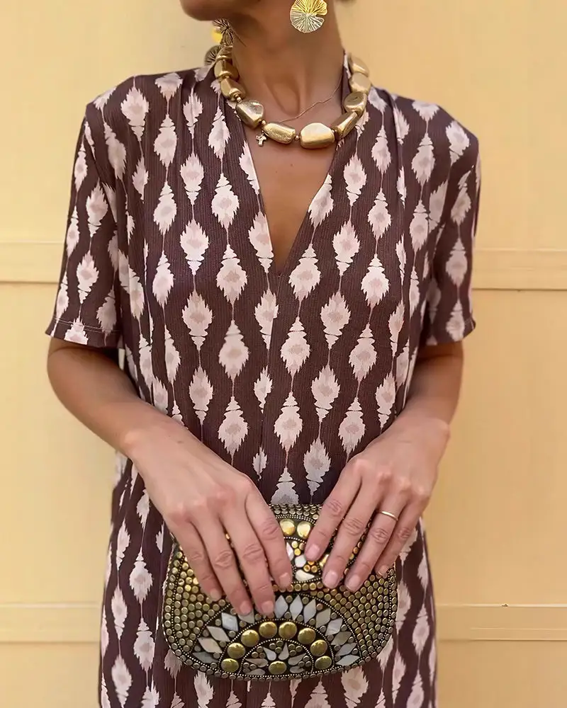 Boho V-Neck Printed Midi Dress