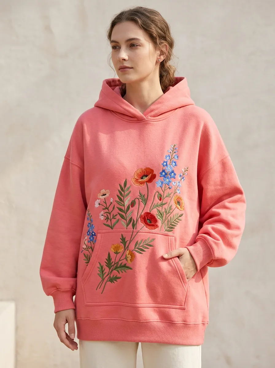 Women's Floral Lover Pink Poppy Wildflower Embroidered Hoodie