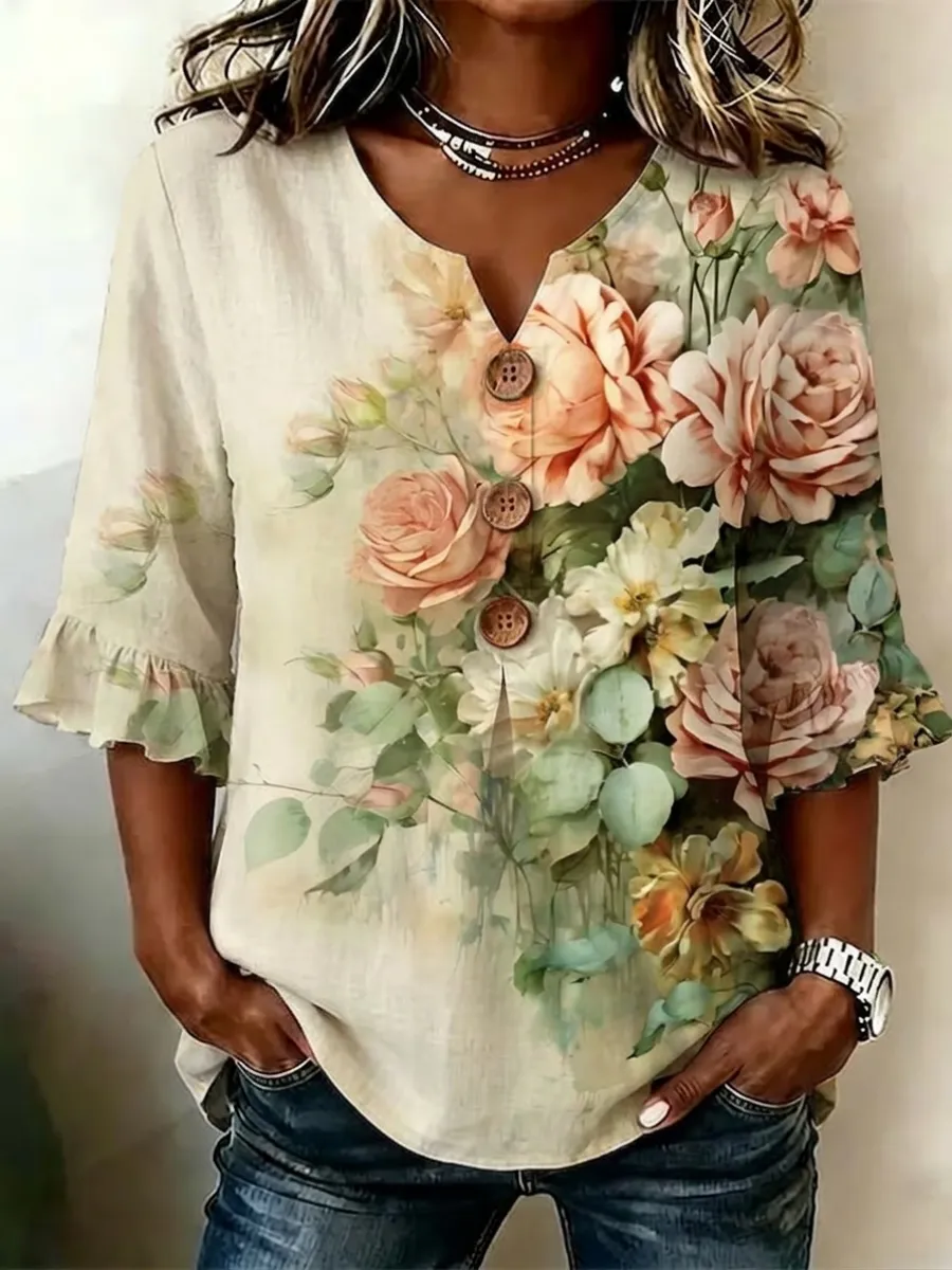 Women's Floral Print Linen Shirt