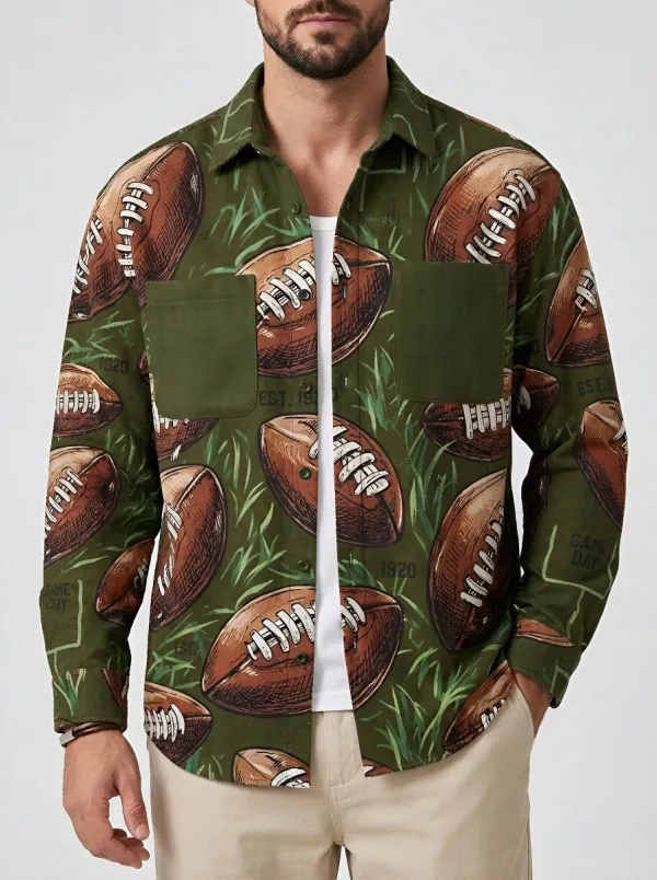 Men's American Football Game Day Grass Printed Button Down Shirt