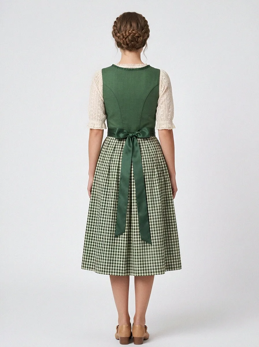 Floral Embroidered Gingham Square Neck Women's Bavarian Oktoberfest Dirndl Dress
