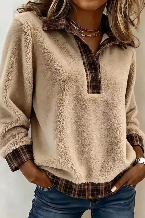 Button Front Fleece Plaid Sweatshirt