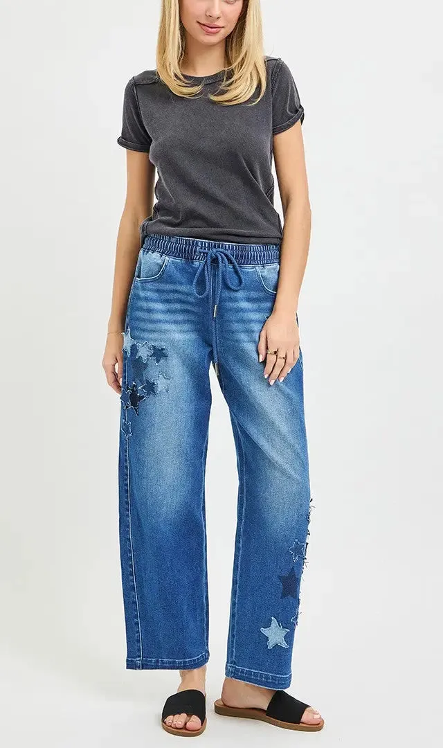 Barrel Leg Cropped Elastic Waist Drawstring Pocketed Denim Jeans