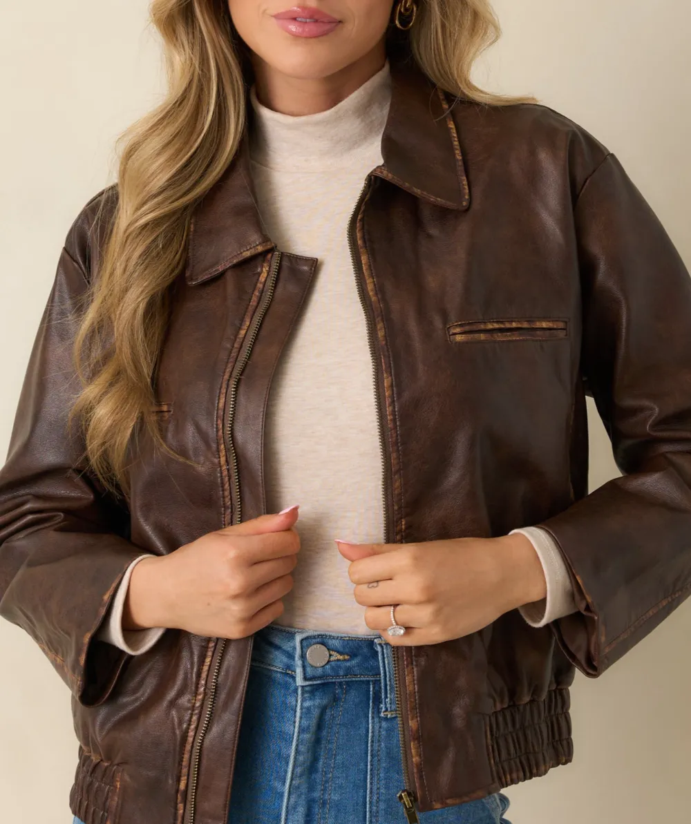 Zip-Up Faux Distressed Leather Jacket