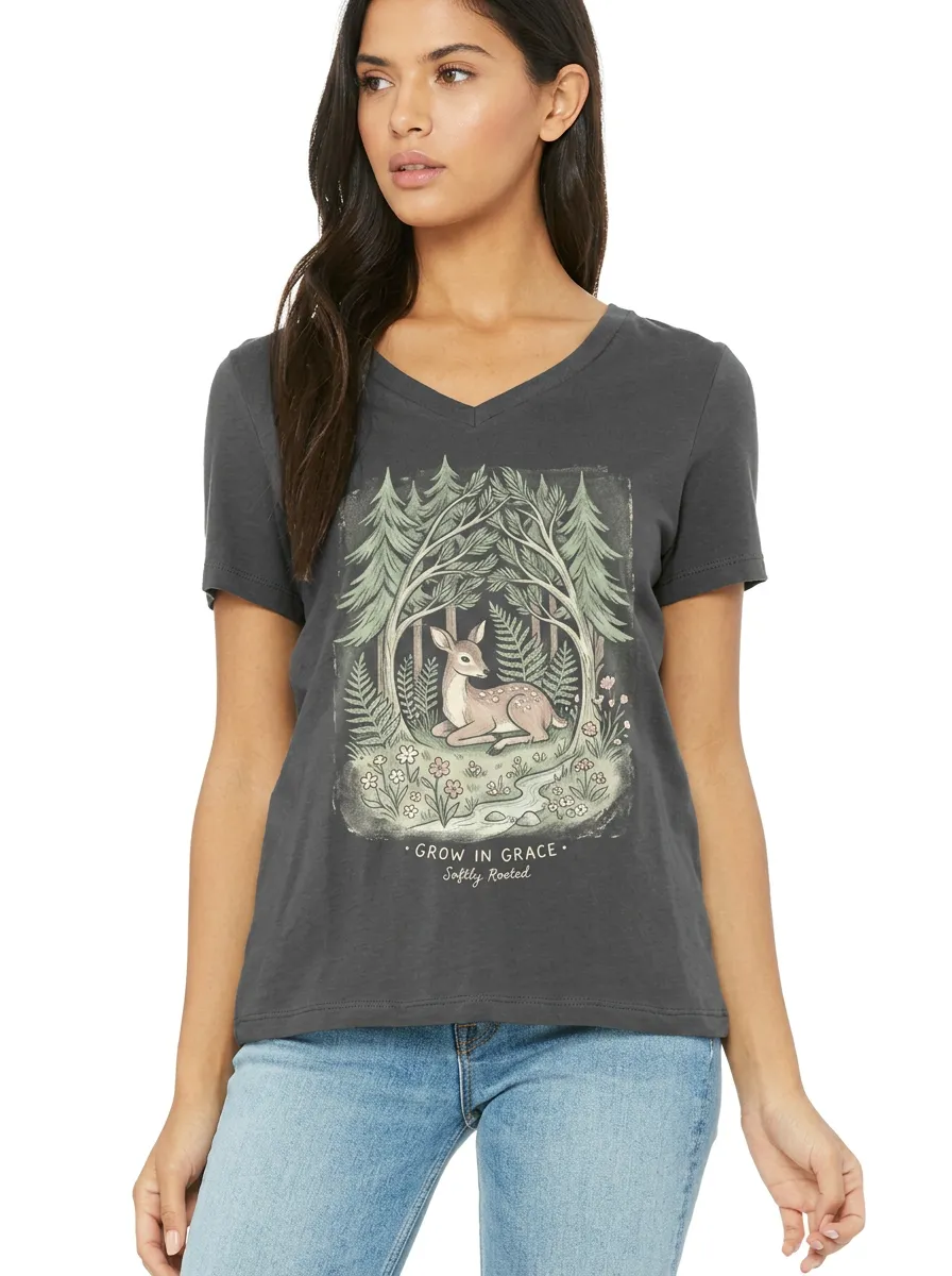 Women's Nature Lover Forest Deer Grow In Grace Printed V-Neck T-Shirt