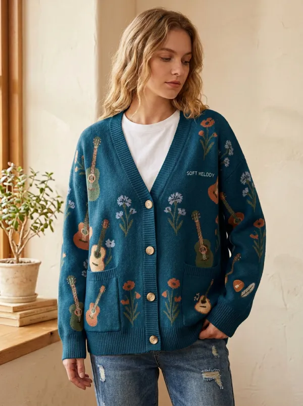 Guitar Floral Knitted Women's Country Music Casual Cardigan