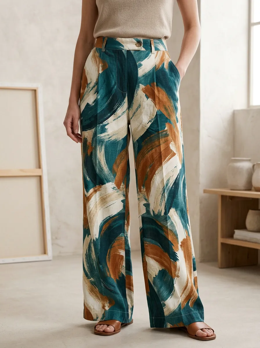 Women's Relaxed Abstract Brushstroke Print Wide Leg Printed Pants
