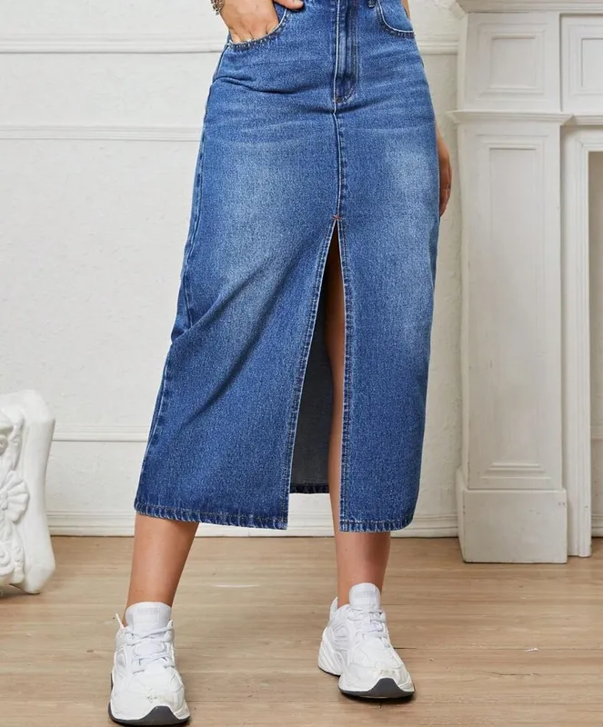 Light Blue Denim Slit Skirt