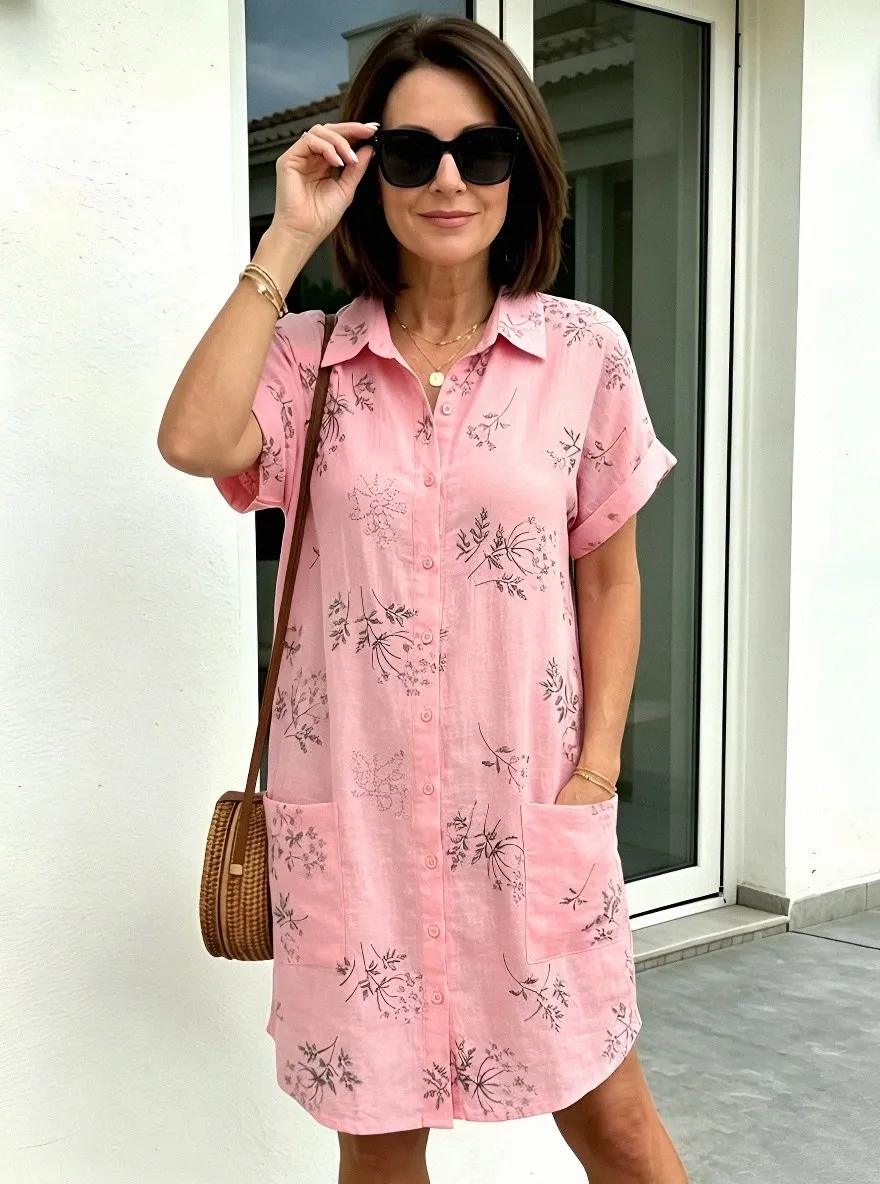 Women's Summer Vacation Floral Botanical Printed Shirt Dress