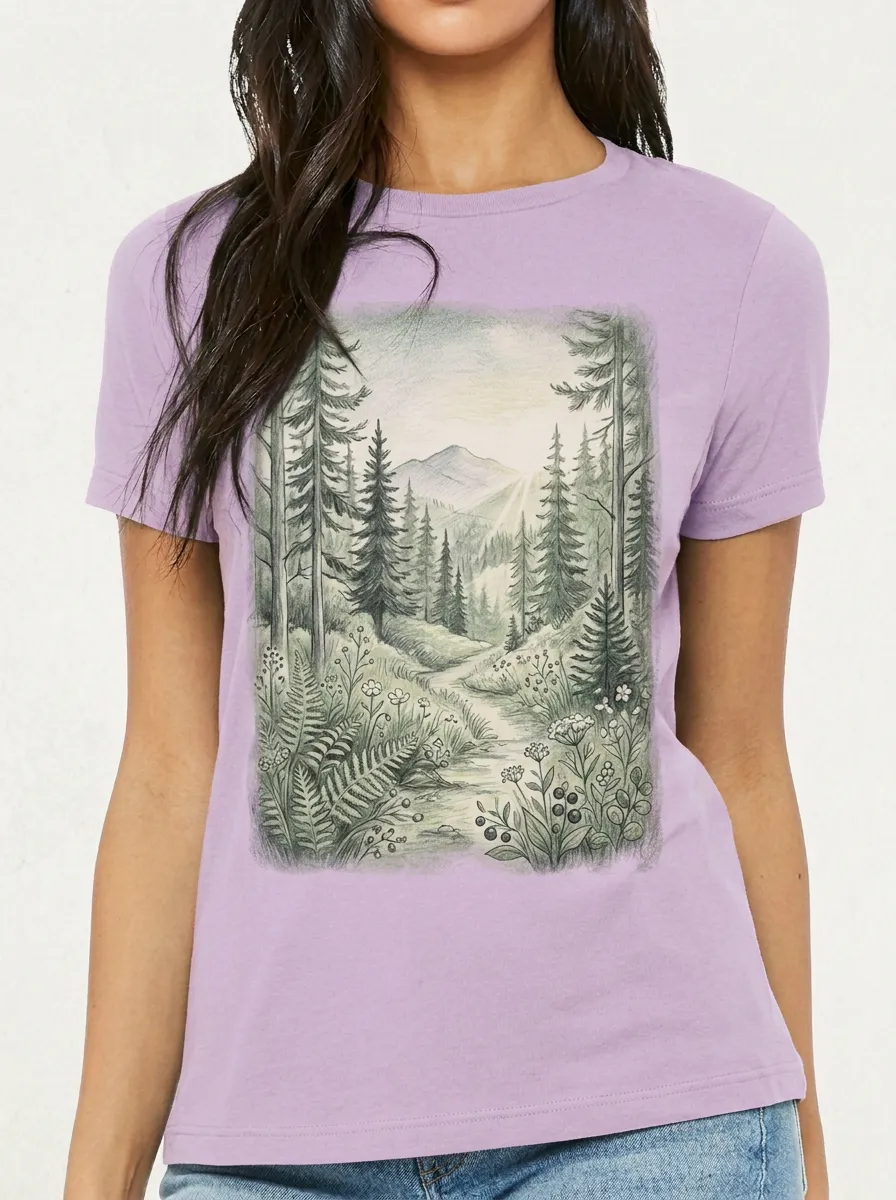 Women's Nature Lover Mountain Forest Path Printed T-shirt