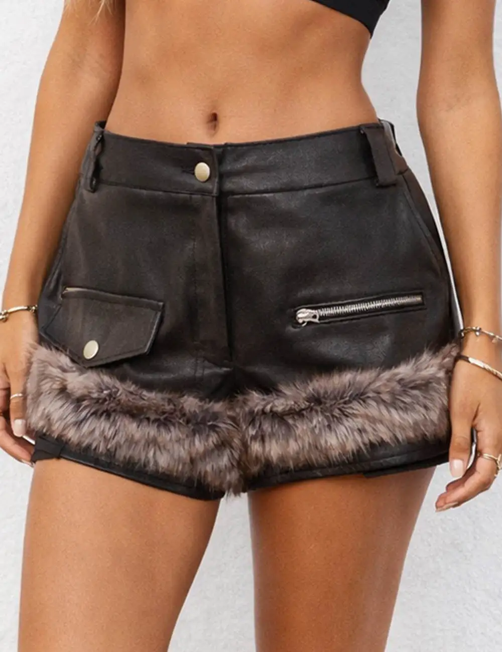 Faux Leather Wide Leg Fur Trim Zip Fly Shorts