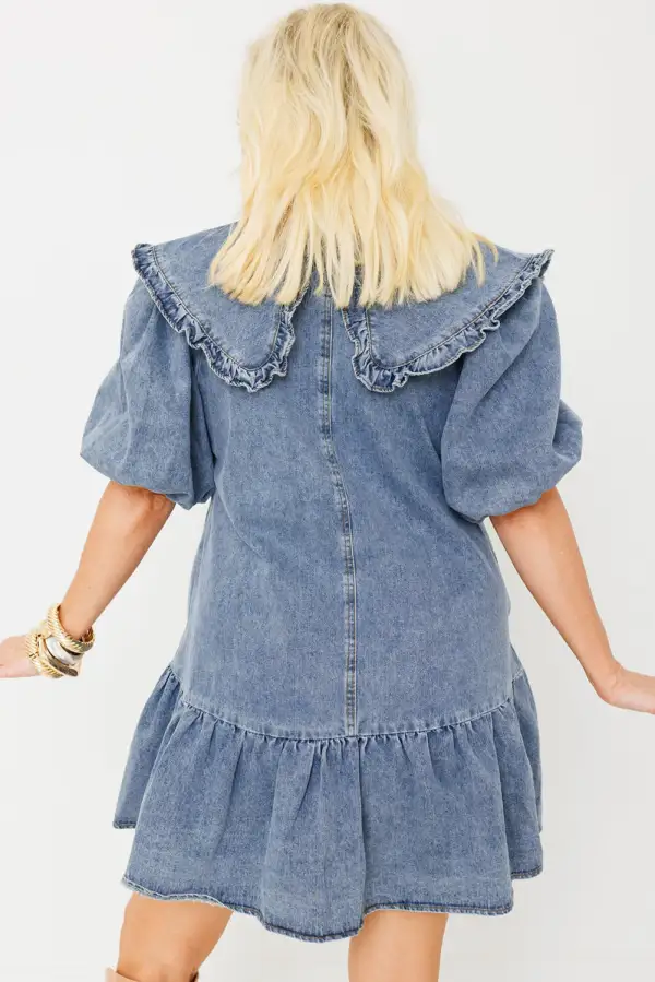 Weekend Denim Look Ruffle Trim Pocket Detail Mini Dress