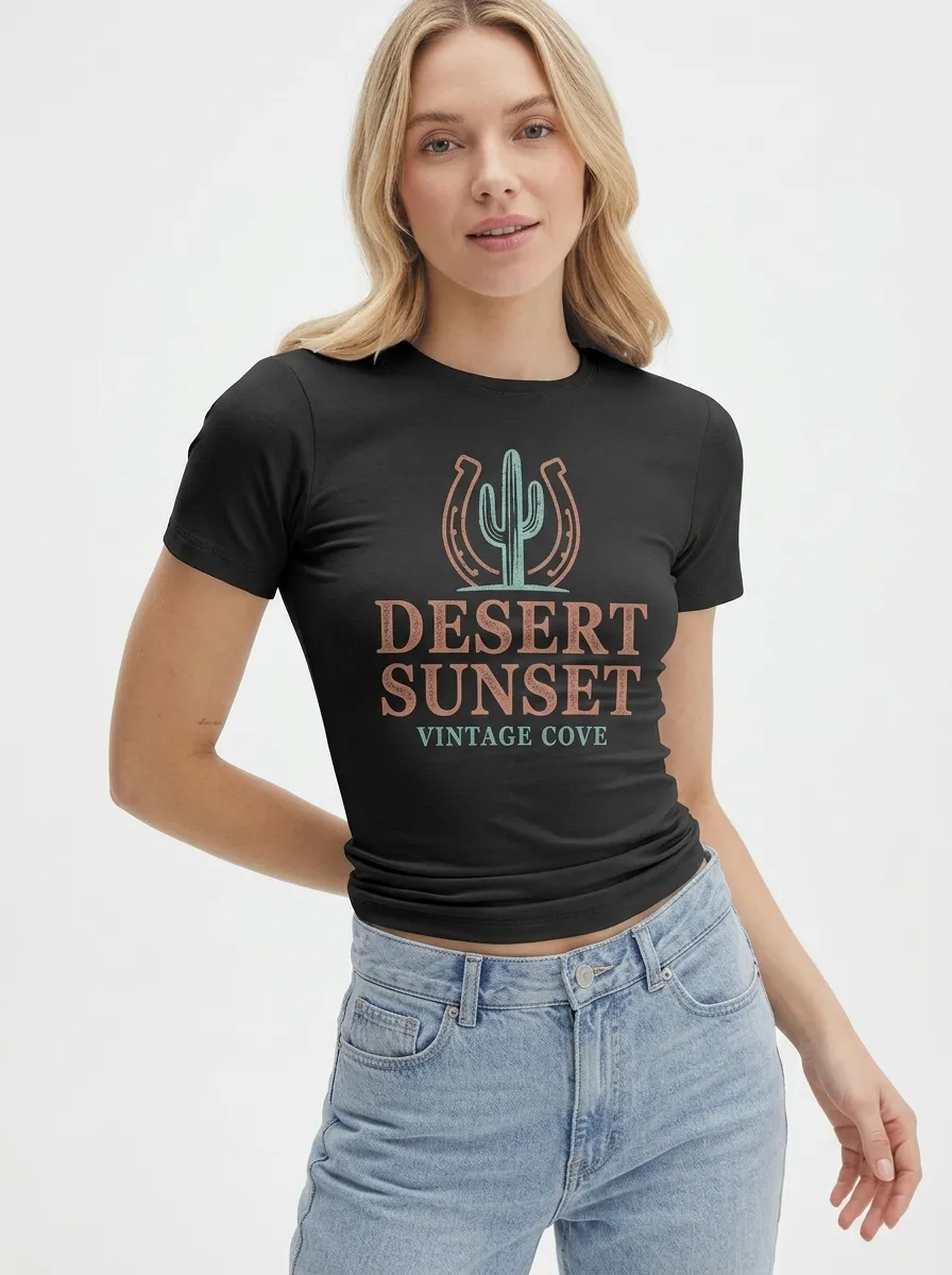 Women's Desert Sunset Cactus Horseshoe Printed T-shirt