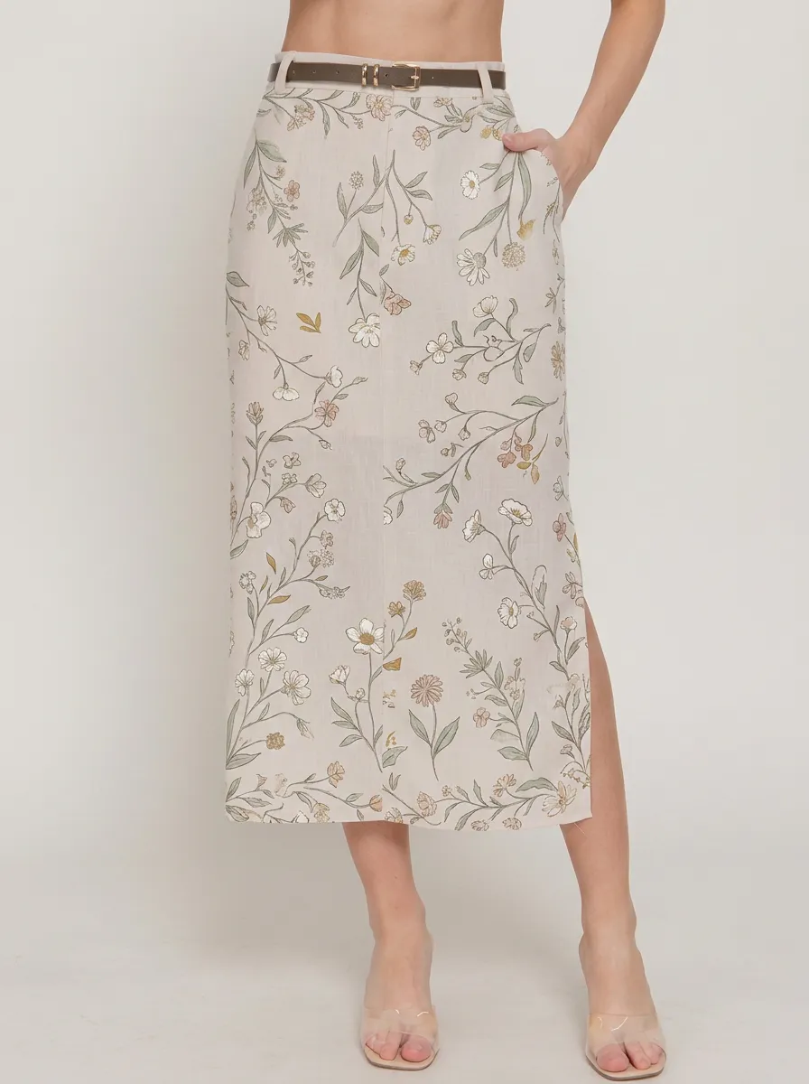 Women's Belted Boho Floral Botanical Printed Midi Skirt