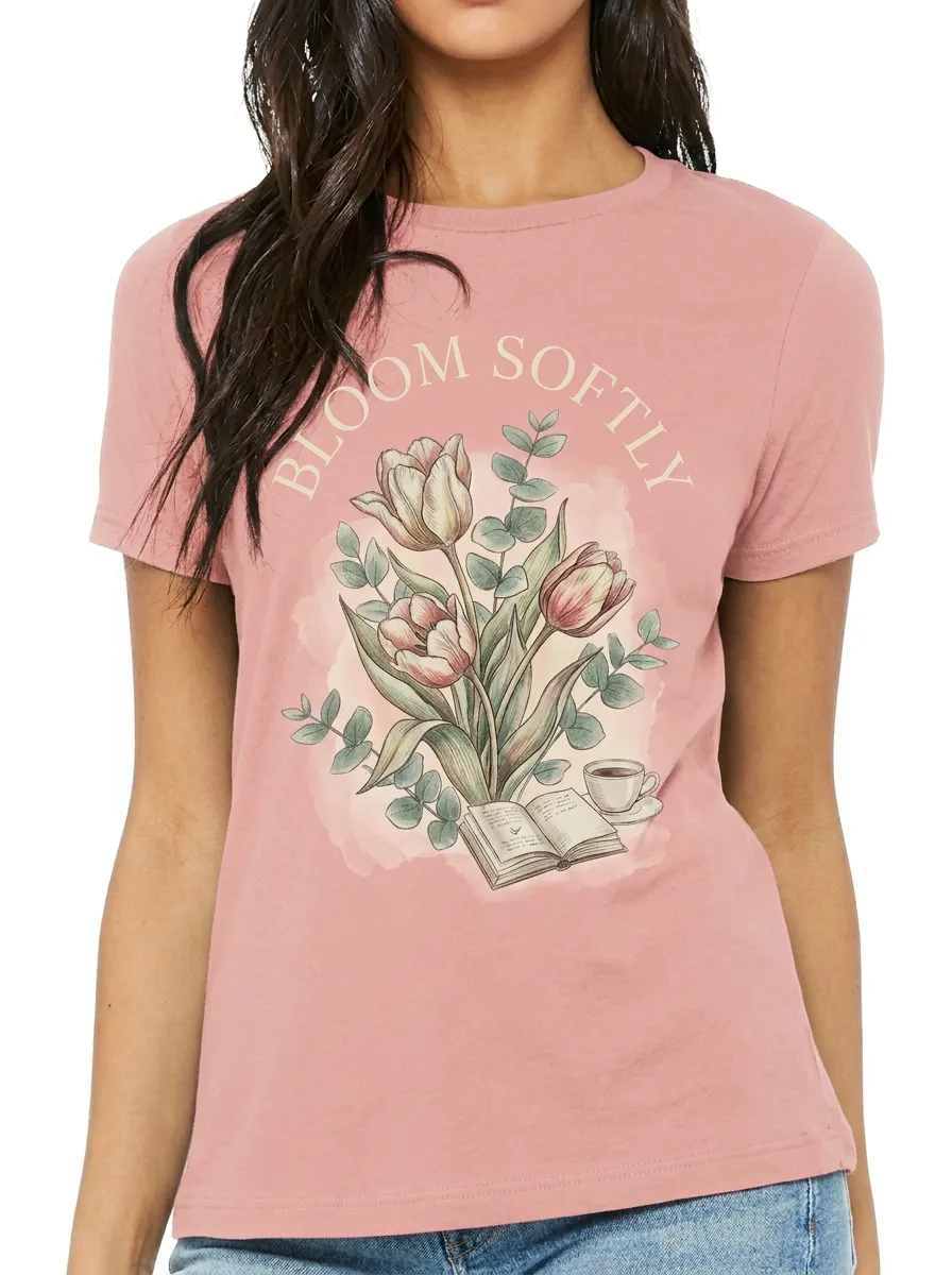 Women's Book Lover Tulip Flower Bloom Softly Printed T-shirt