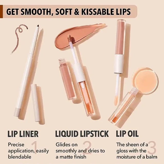 3-In-1 Lip Liner Moisturizing Plant Extracts Long Lasting Liquid Lipstick Plumping Lip Gloss Makeup Set