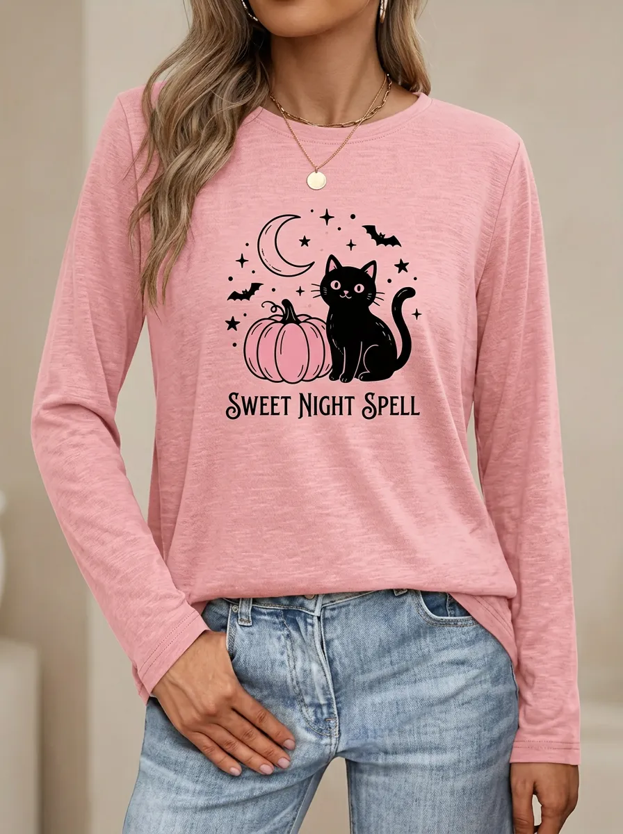 Pumpkin Cat Moon Halloween Cotton Linen Long Sleeve Top