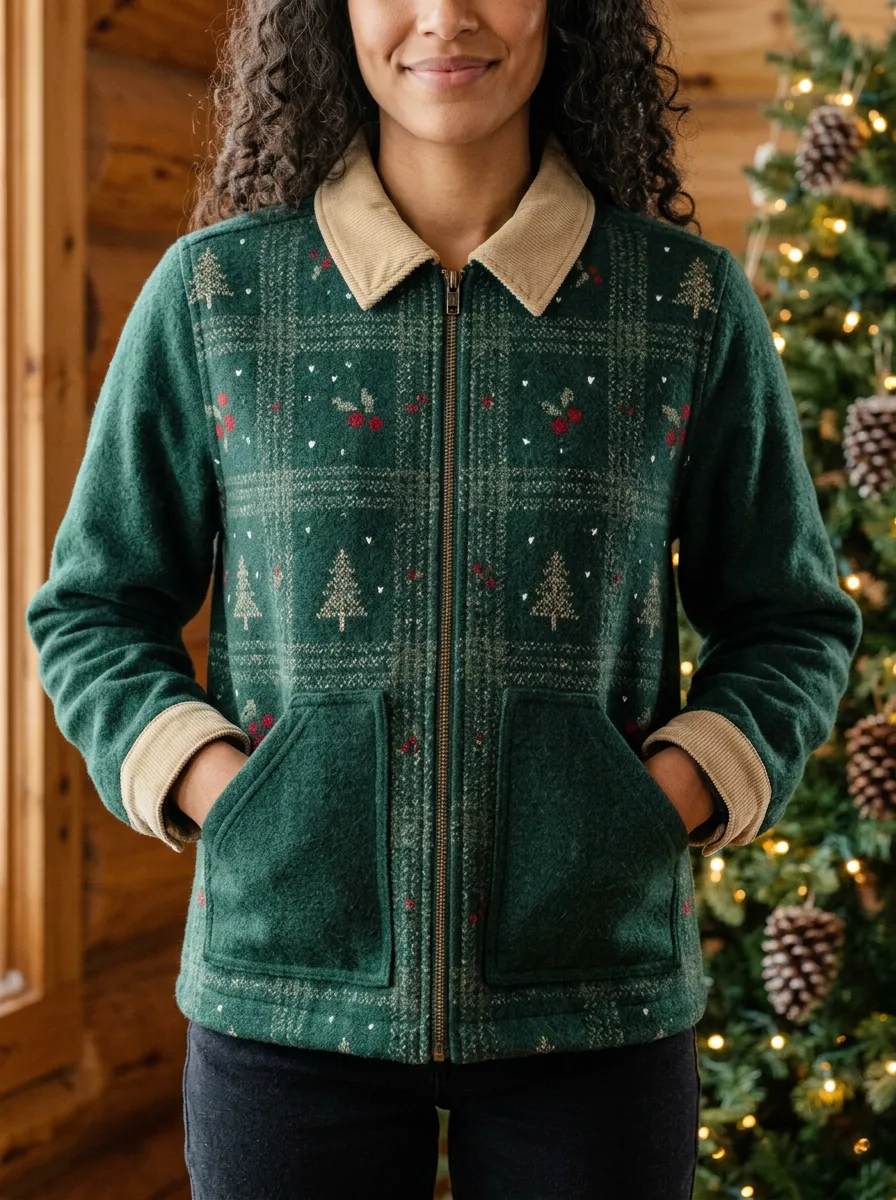 Christmas Holiday Tree Plaid Print Zip-up Jacket