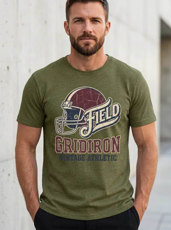 Men's Bold Helmet Football Gridiron Crew Neck Graphic T-Shirt