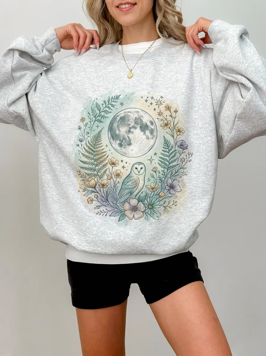 Women's Celestial Nature Lover Moon Owl Floral Printed Sweatshirt
