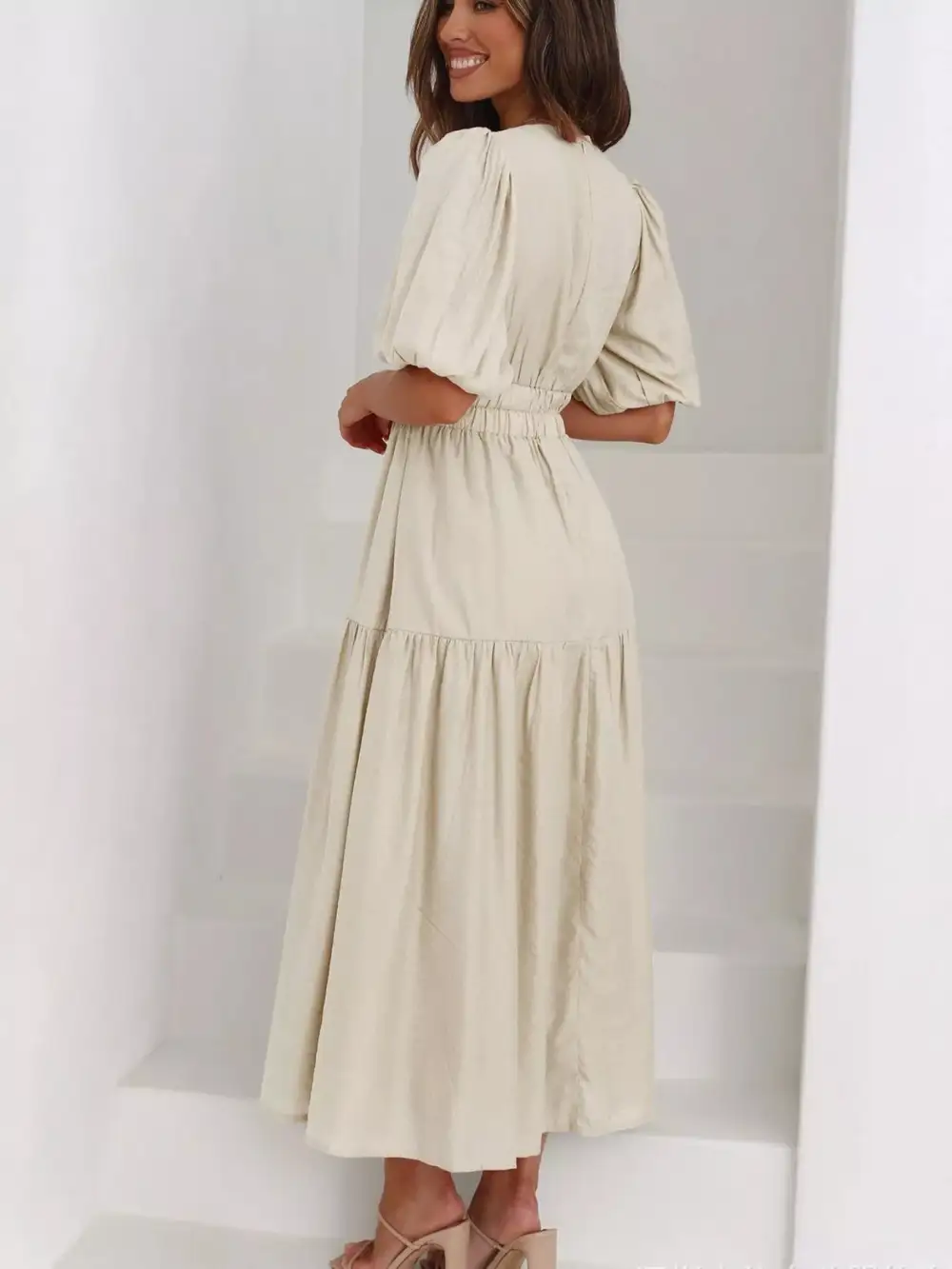 V Neck Puff Sleeve Midi Dress
