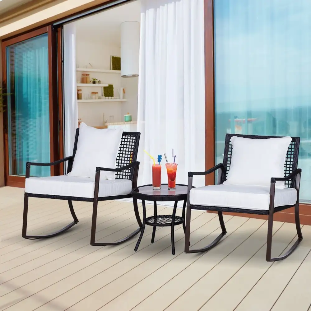 Rocking Rattan Glass Garden Bistro Set