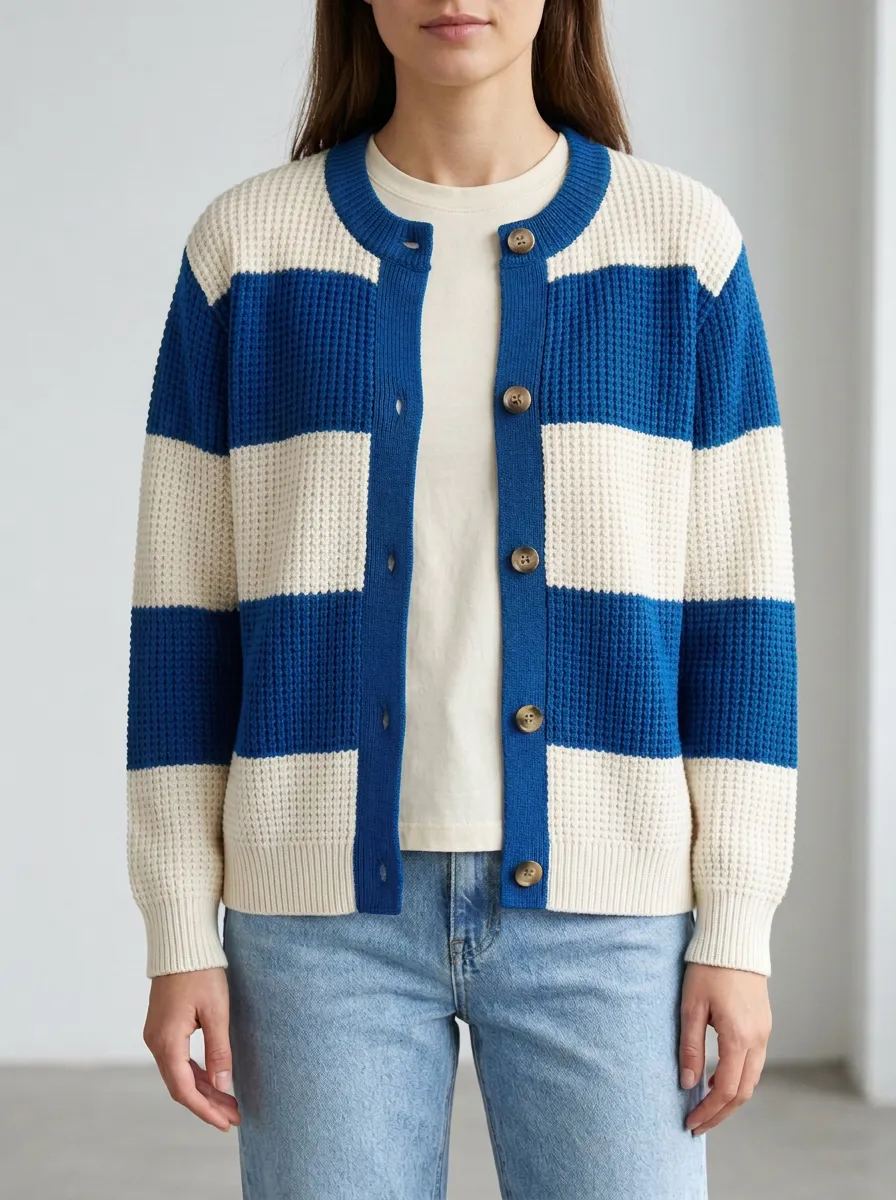 Rugby Striped Waffle Knit Cardigan