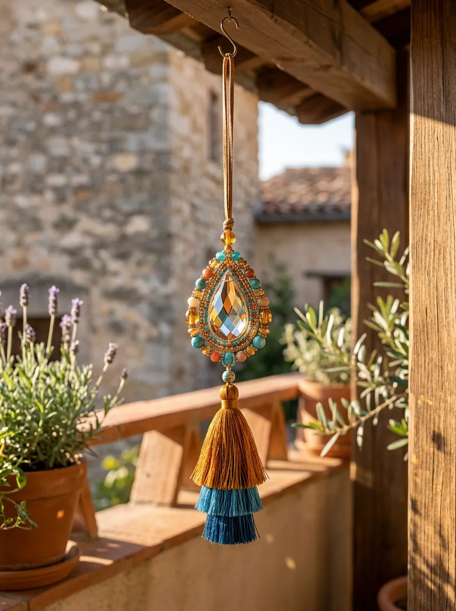 Boho Teardrop Crystal Beaded Tassel Suncatcher Hanging Ornament