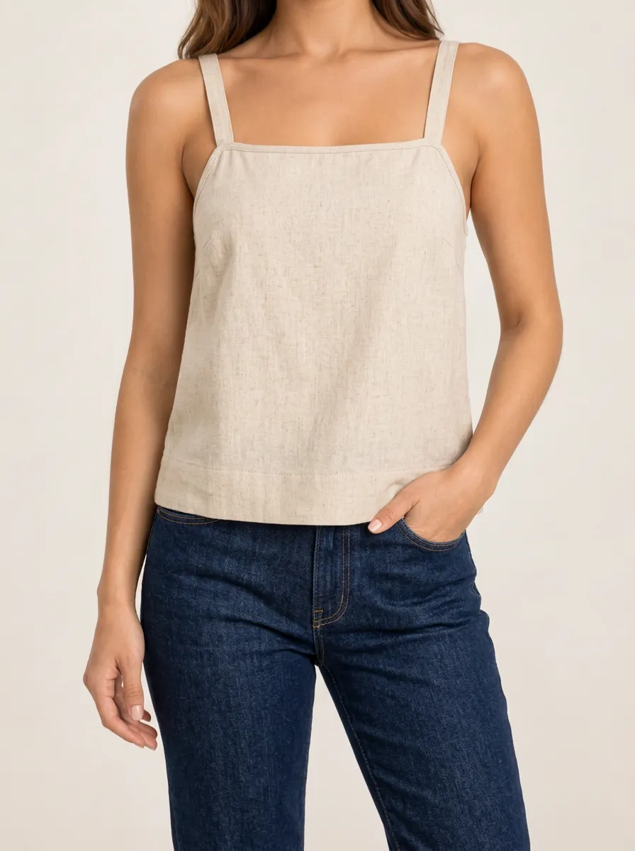 Women's Relaxed Square Neck Wide Strap Button Front Linen Camisole Top