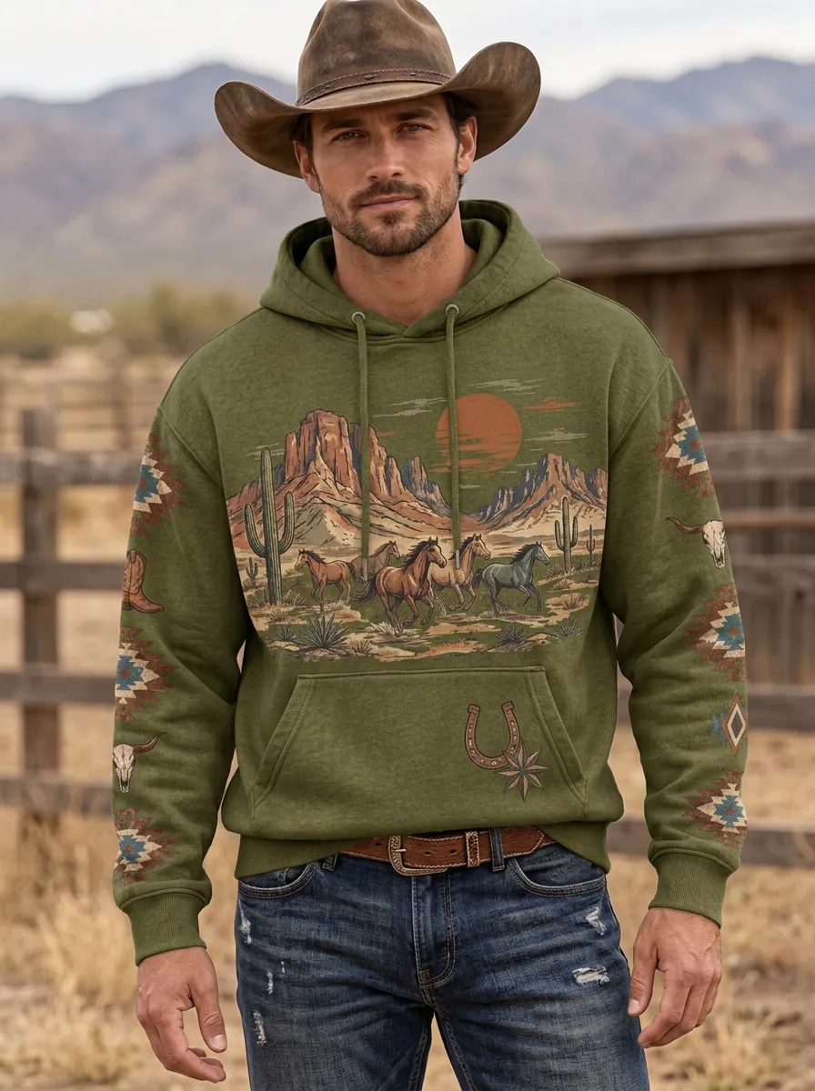 Men's Country Inspired Western Cowboy Horse Desert Graphic Hoodie