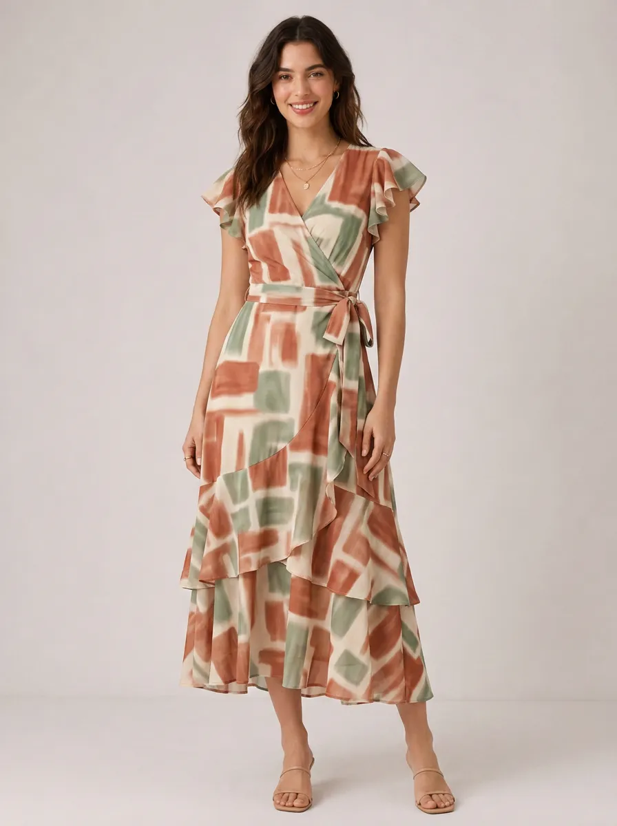 Women's Boho Geometric Abstract Printed Wrap Ruffle Dress