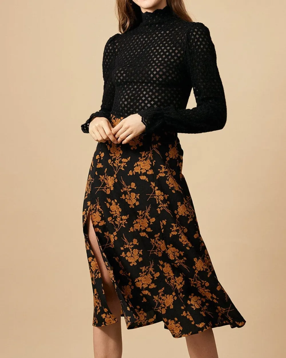 Plants Print Black Skirt