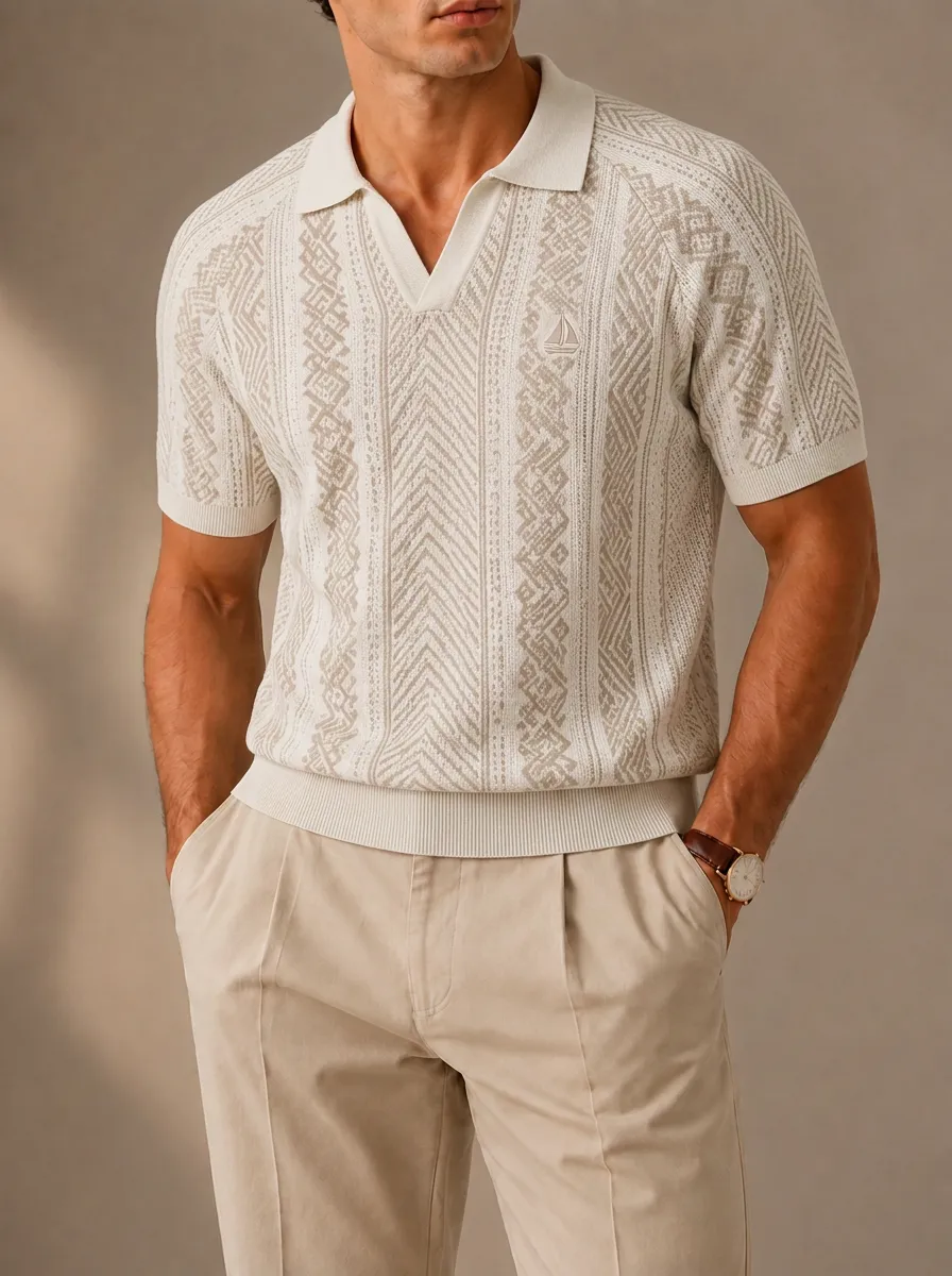 Men's Nautical Sailboat Geometric Pattern Printed Polo Shirt