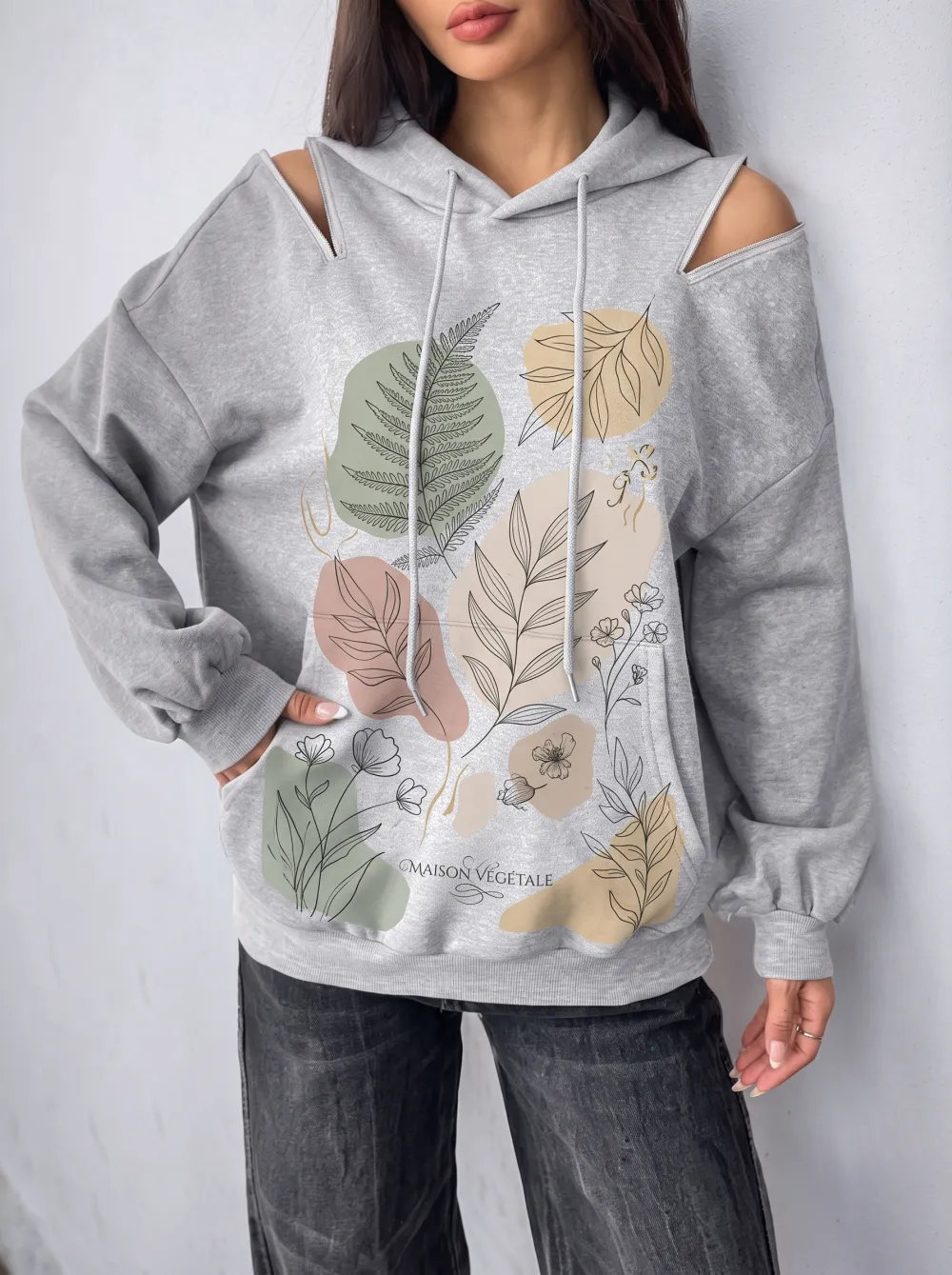 Women's Botanical Maison Vegetale Fern Leaf Printed Cold Shoulder Hoodie