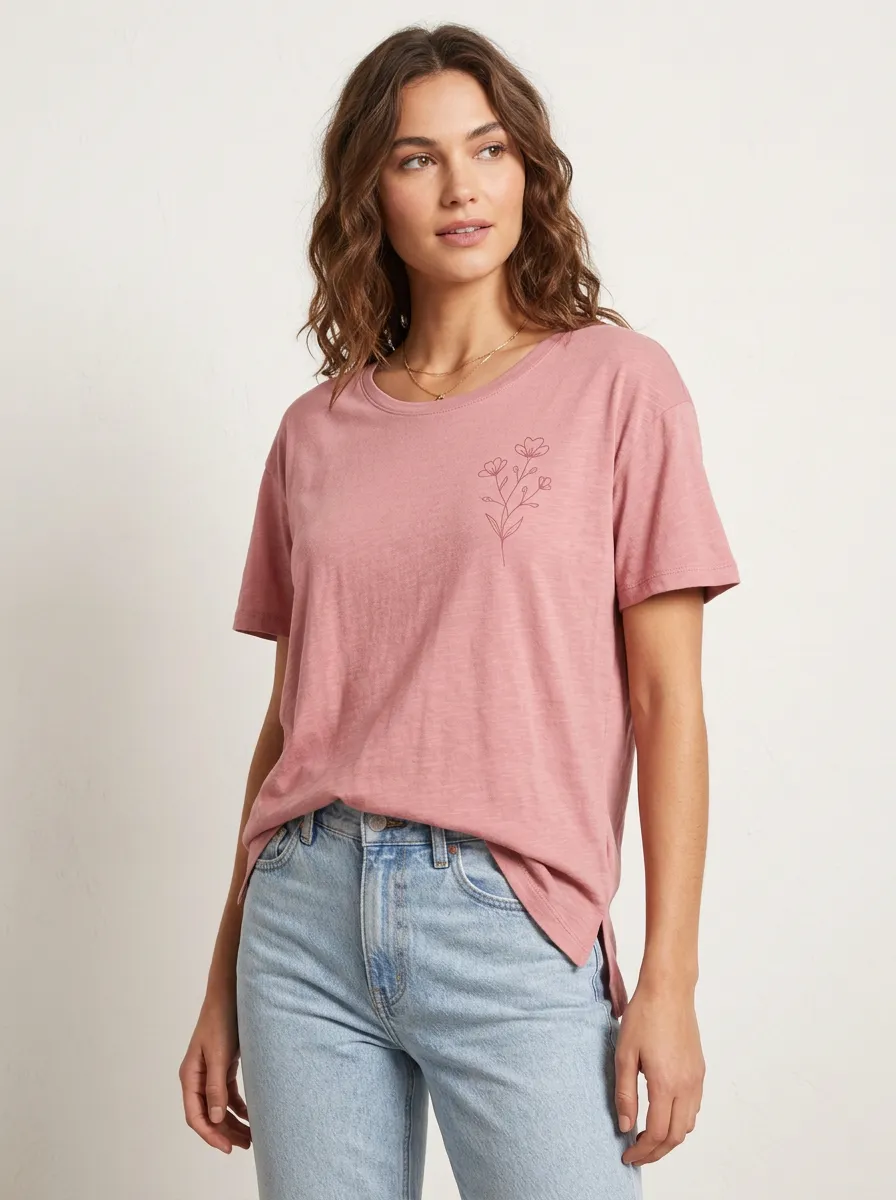 Women's Minimalist Floral Line Art Printed T-shirt