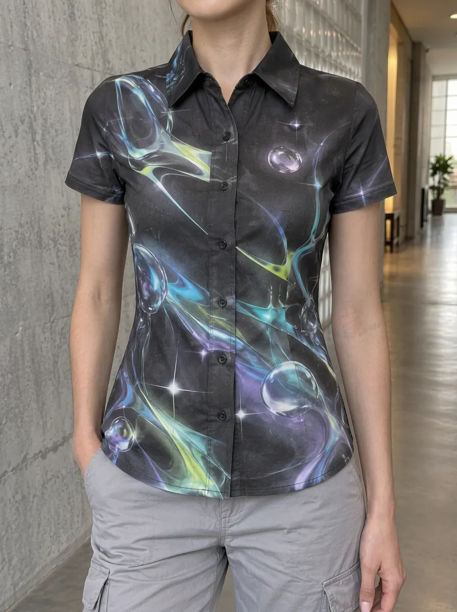 Women's Curved Y2K Aesthetic Abstract Bubble Galaxy Shirt