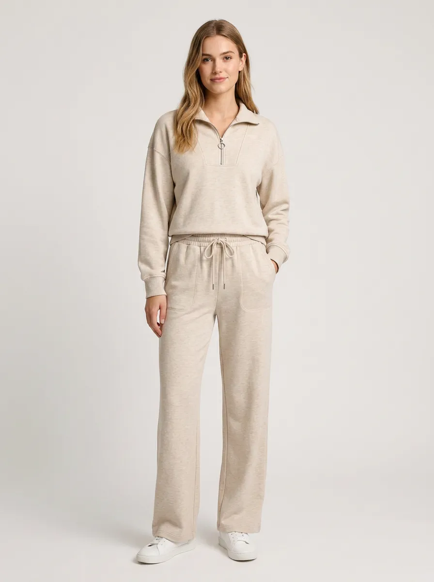 Women's Casual Lounge Beige Quarter-Zip Pullover and Wide-Leg Pants Set