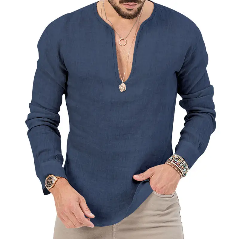 Men's Relaxed Linen Tunic Shirt With Open Slit Collar And Rounded Hem