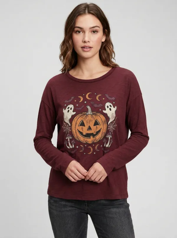 Women's Halloween Pumpkin Ghost Mushroom Printed Long Sleeve Top