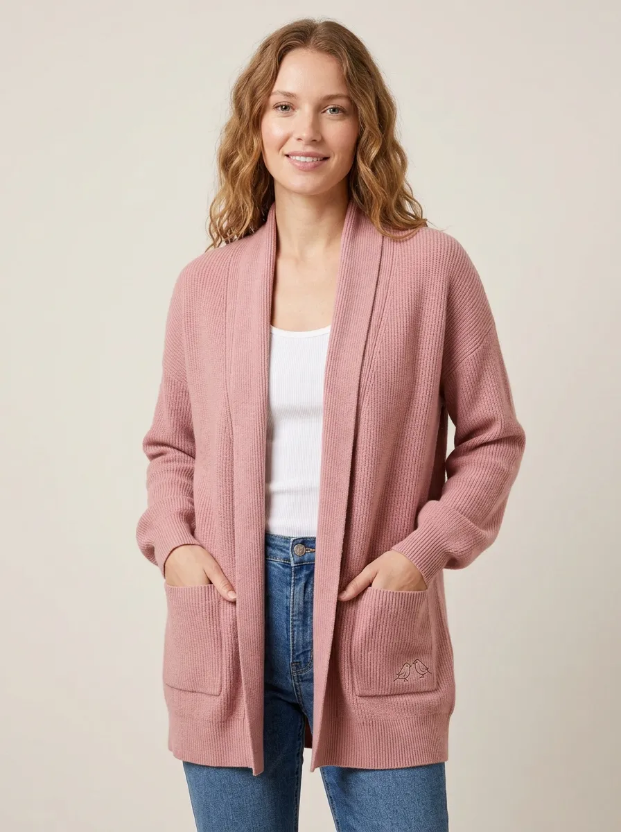 Women's Pink Bird Embroidery Ribbed Knit Cardigan