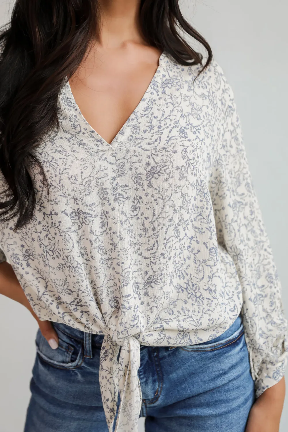 Cream Floral Tie-Front Blouse